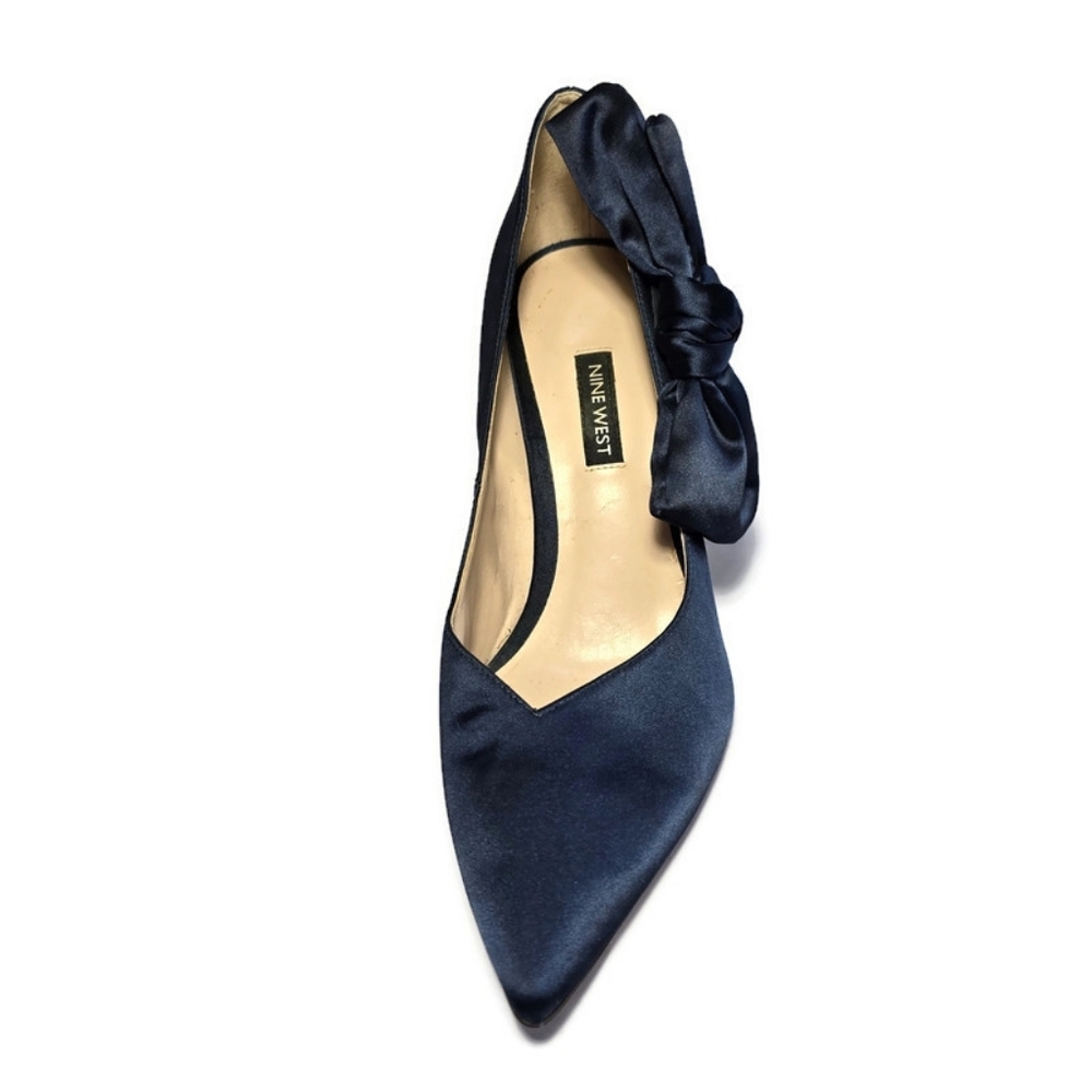 Nine West Blue Satin Oversized Bow Pumps Stilettos Heels Sz 8.5 Pointed - Picture 14 of 16